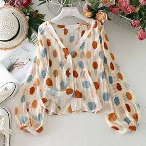 NEWLIGHT Colorful Polka Dot Print V-Neck Long Sleeve Pleated Shirt